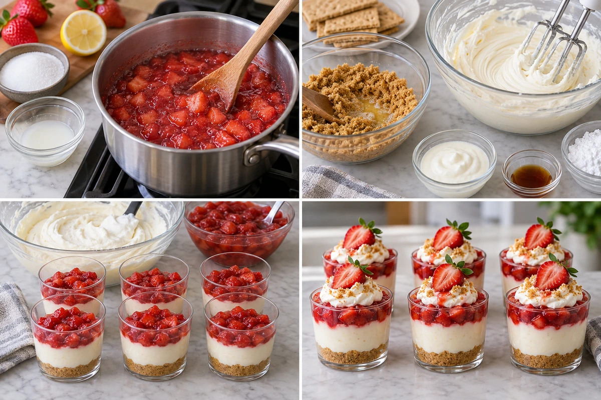 Four chronological preparation stages for Strawberry Cheesecake Cups