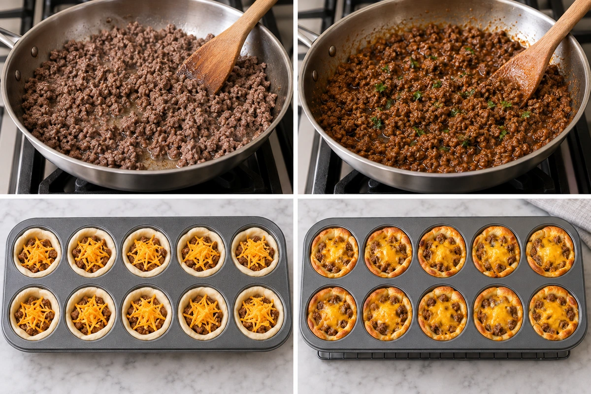 Four chronological preparation stages for Taco Biscuit Cups