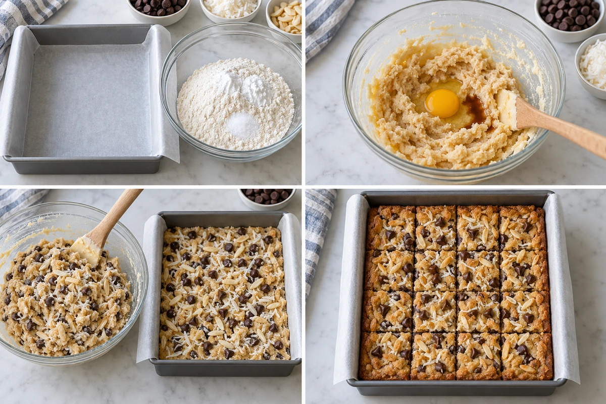 Four chronological preparation stages for Almond Joy Cookie Bars