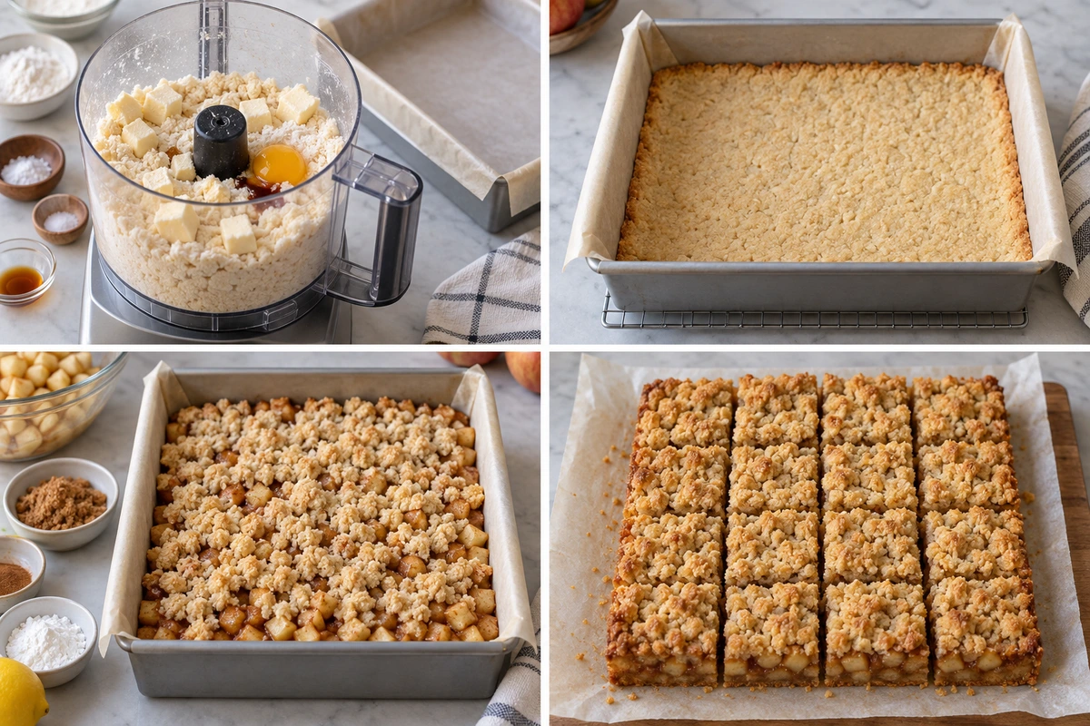 Four chronological preparation stages for Apple Pie Bars