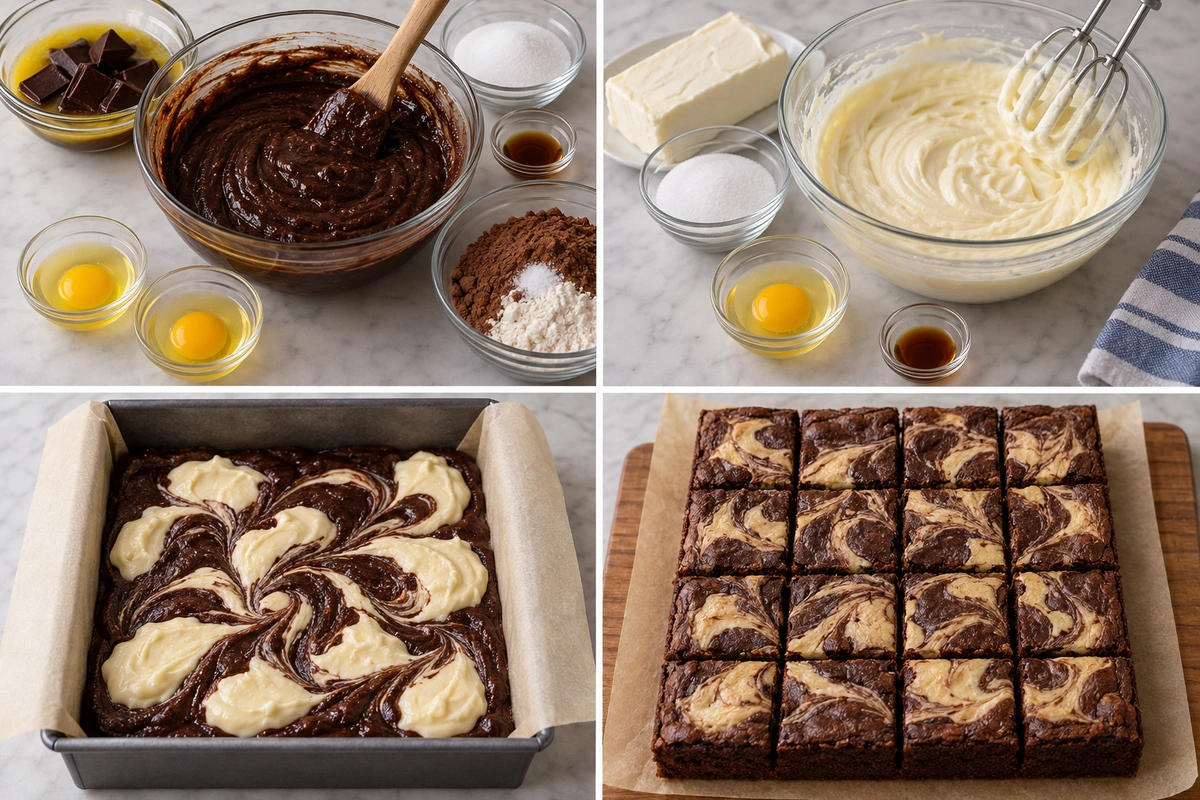 Four chronological preparation stages for Dark Chocolate Cheesecake Brownies