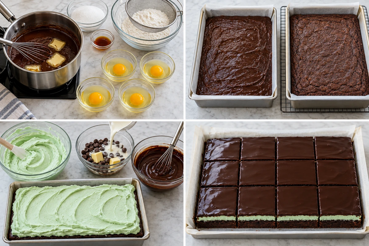 Four chronological preparation stages for Mint Chocolate Brownies