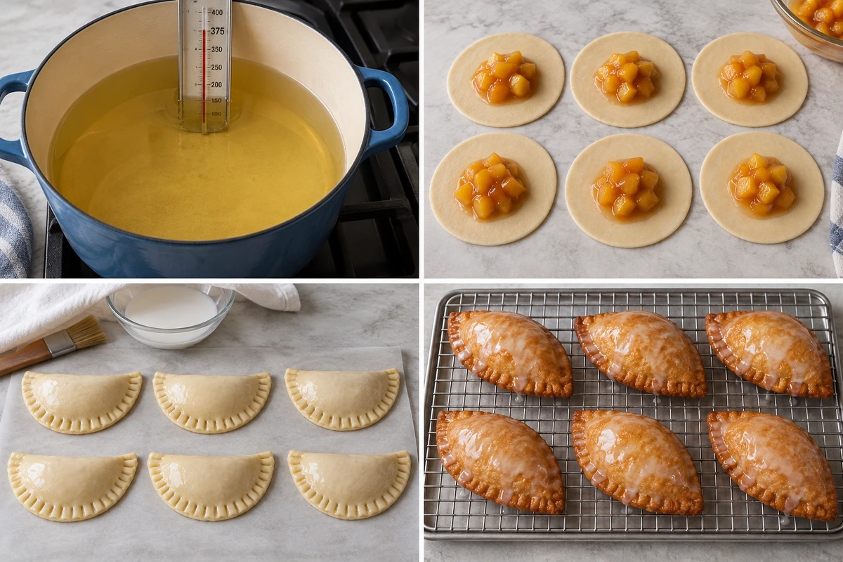 Four chronological preparation stages for Peach Hand Pies