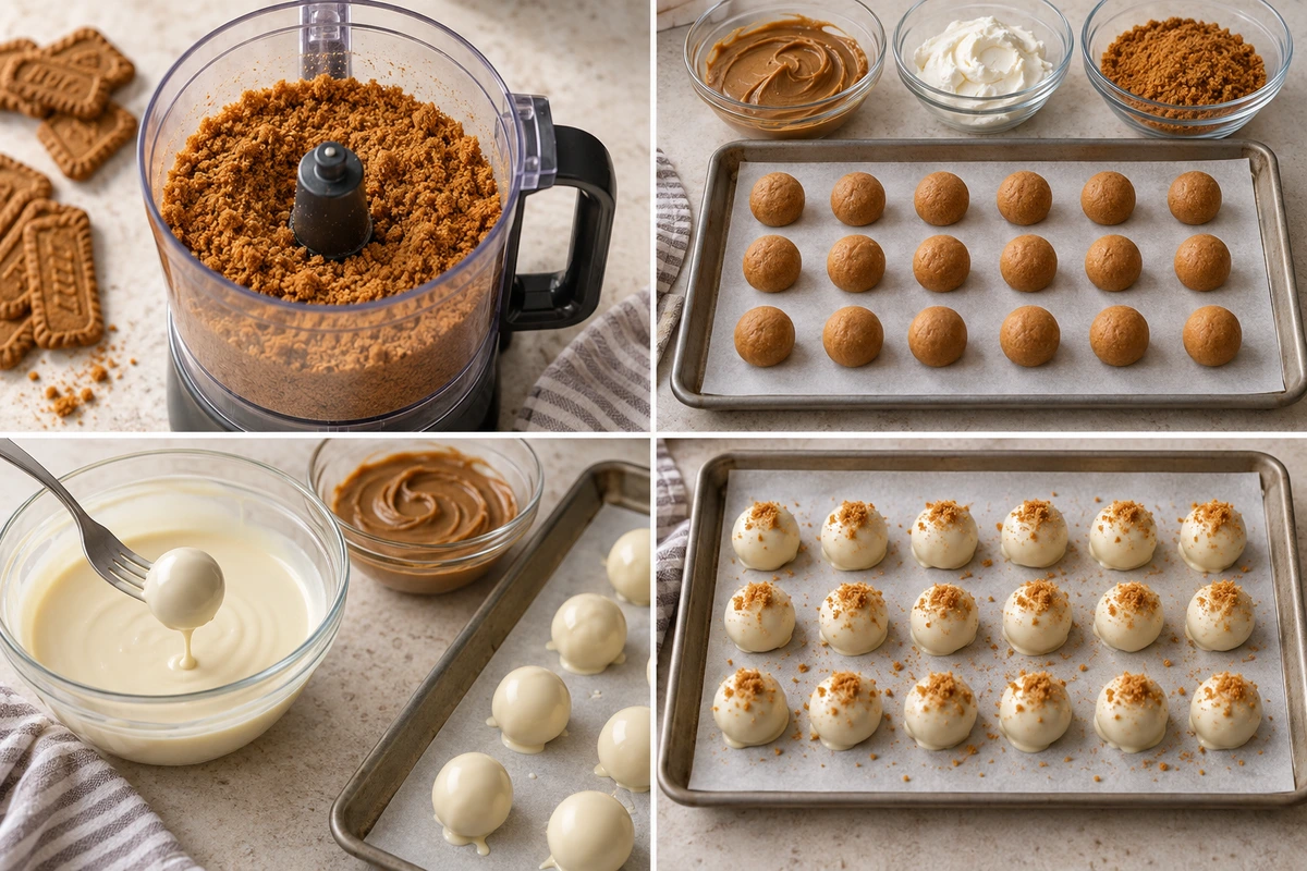 Four chronological preparation stages for Biscoff Truffles