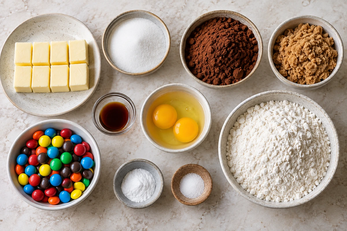 Exact measured ingredients for Chocolate M&M Cookies