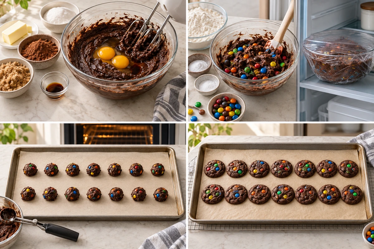 Four chronological preparation stages for Chocolate M&M Cookies