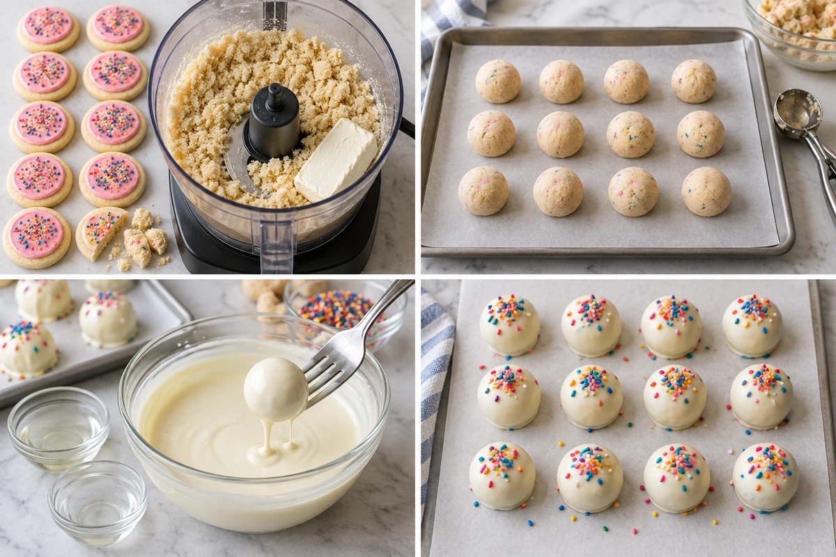 Four chronological preparation stages for Lofthouse Sugar Cookie Truffles