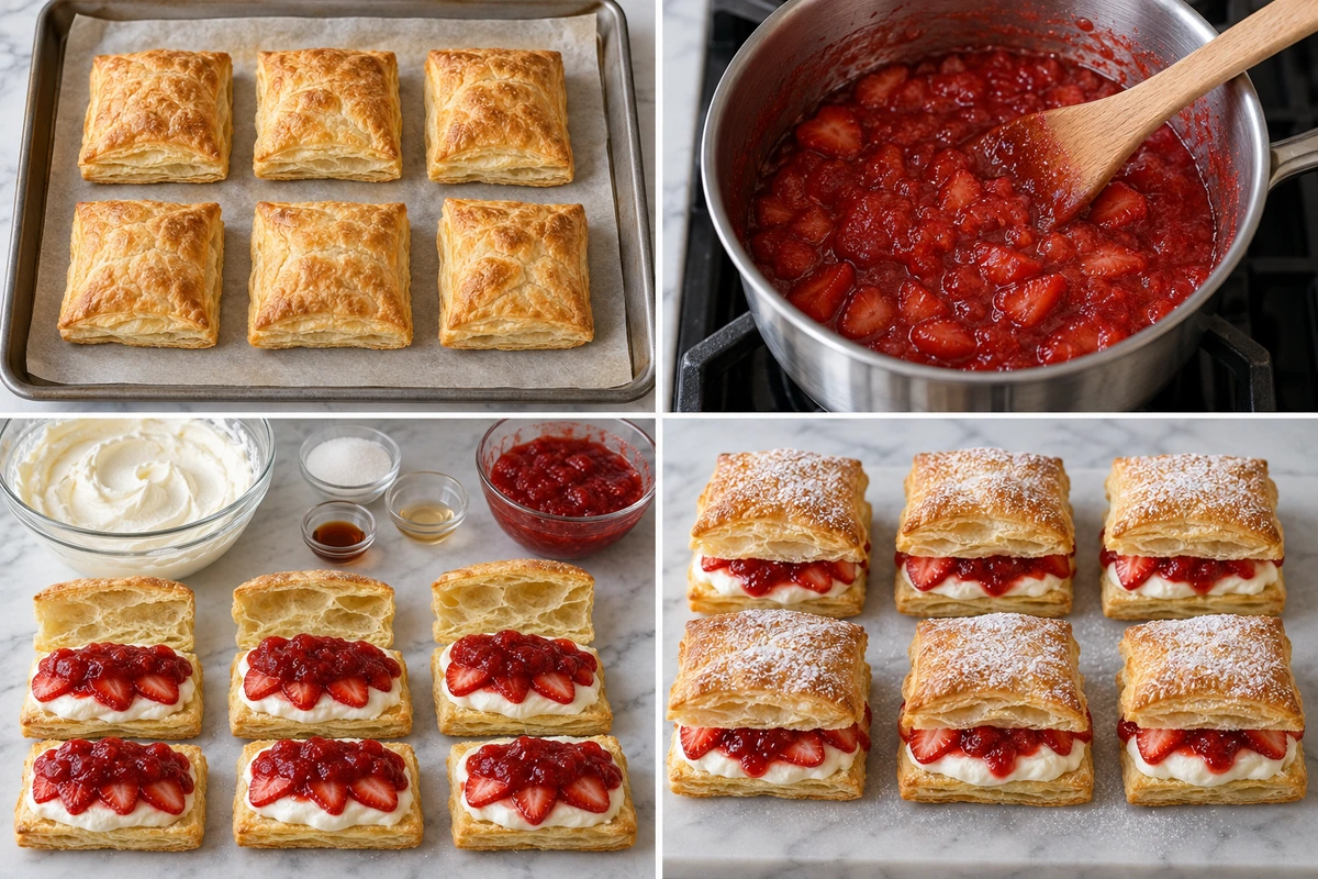 Four chronological preparation stages for Strawberry Flaky Puffs