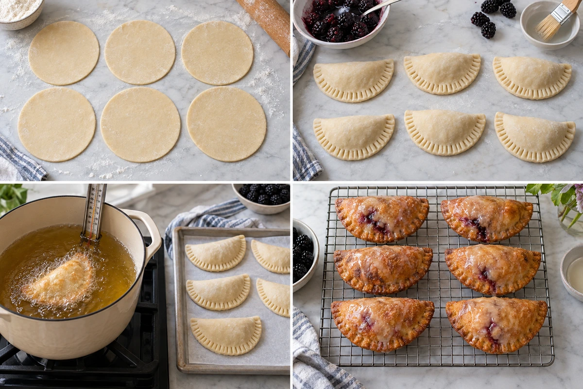 Four chronological preparation stages for Blackberry Hand Pies