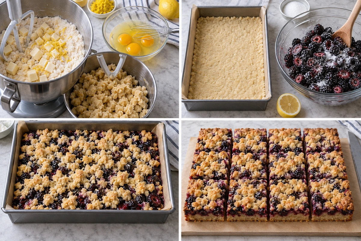 Four chronological preparation stages for Blackberry Pie Crumble Bars