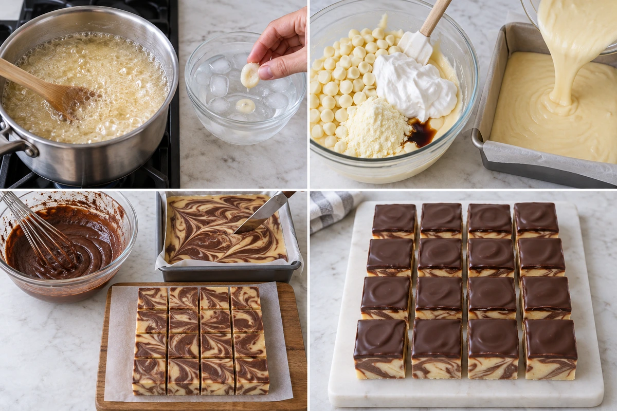 Four chronological preparation stages for Boston Cream Pie Fudge