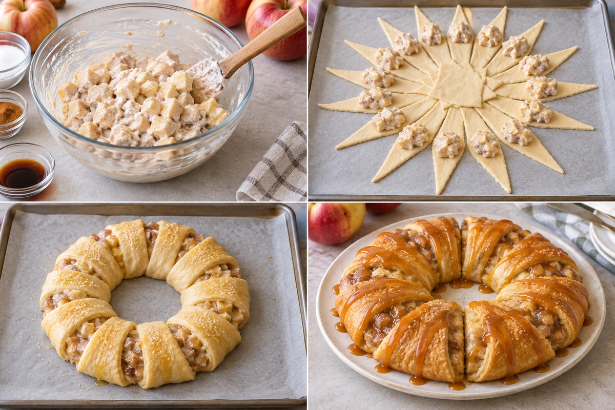 Four chronological preparation stages for Caramel Apple Cream Cheese Crescent Ring