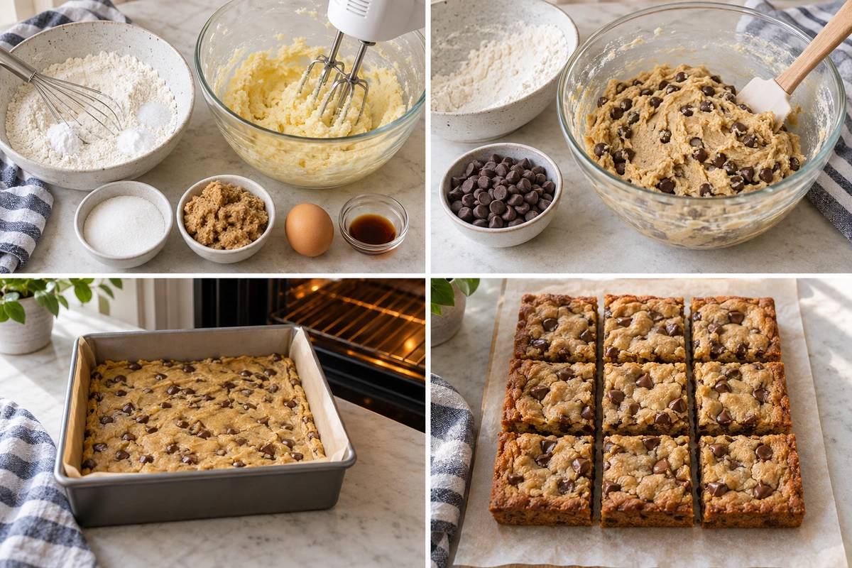 Four chronological preparation stages for Gooey Chocolate Chip Cookie Bars