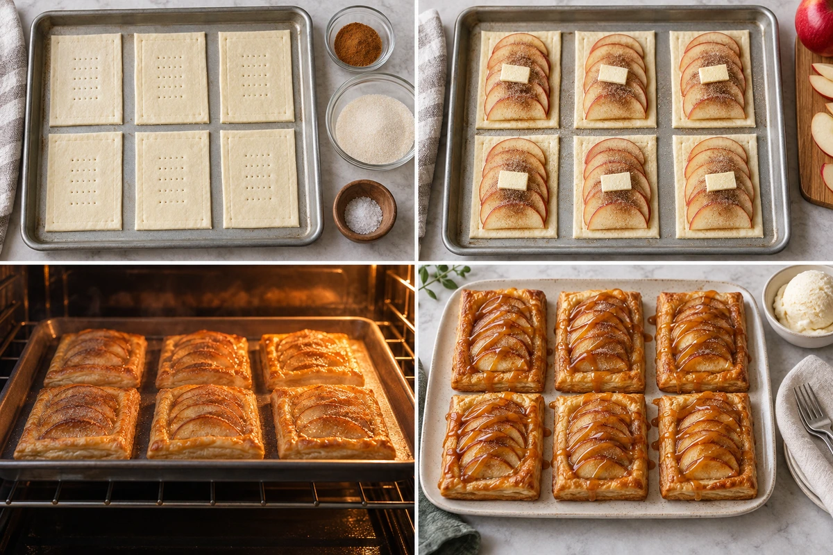 Four chronological preparation stages for Caramel Apple Puff Pastries