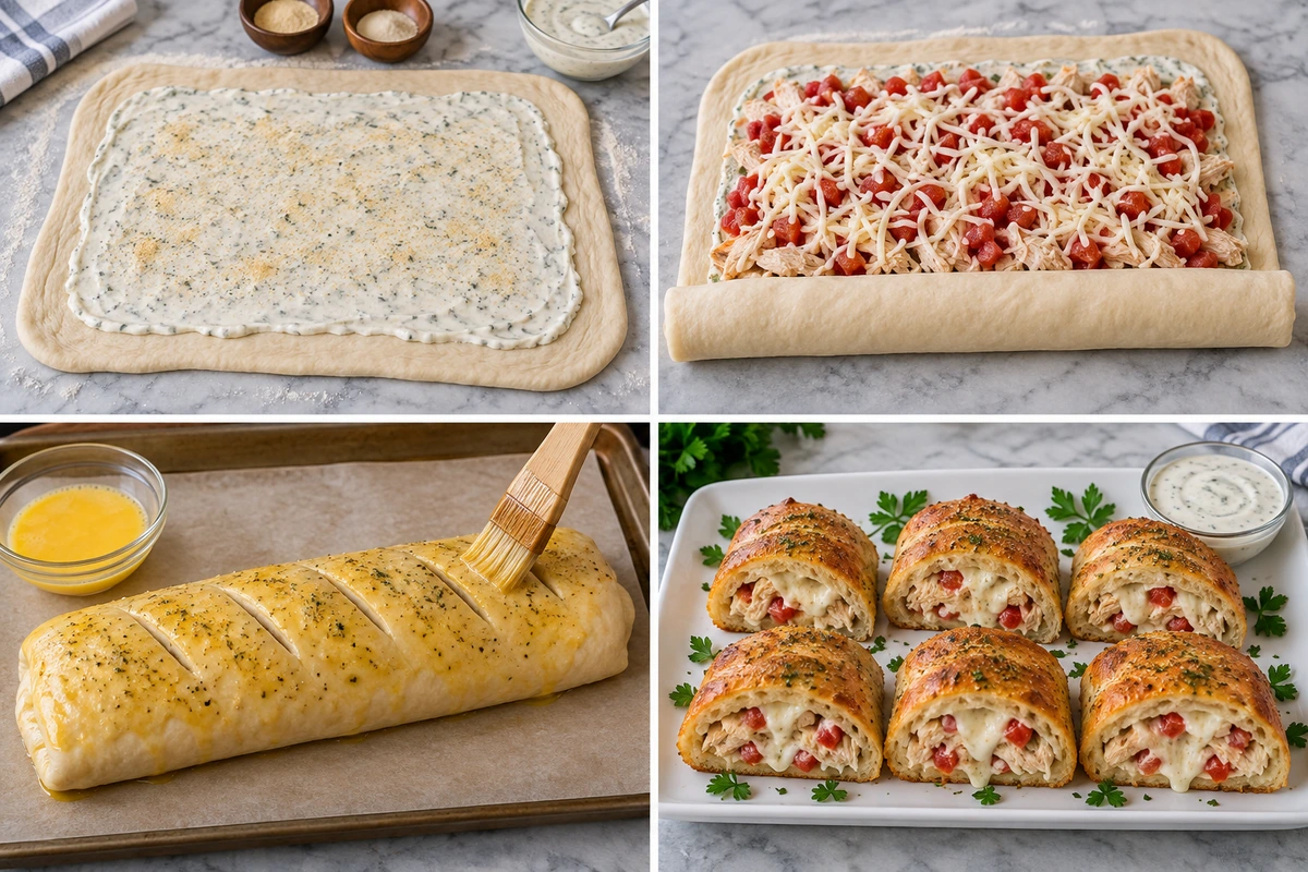 Four chronological preparation stages for Chicken Ranch Stromboli