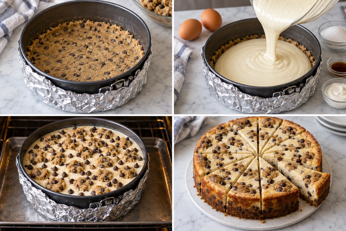 Four chronological preparation stages for Chocolate Chip Cookie Cheesecake