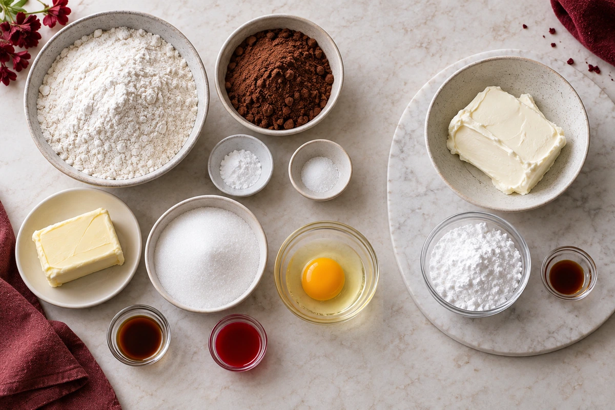 Exact measured ingredients for Cream Cheese Red Velvet Cookies