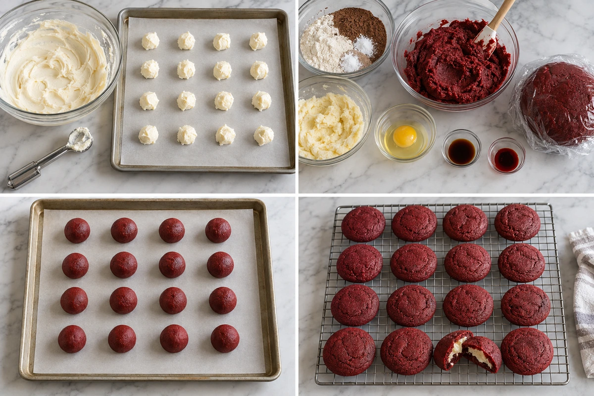 Four chronological preparation stages for Cream Cheese Red Velvet Cookies