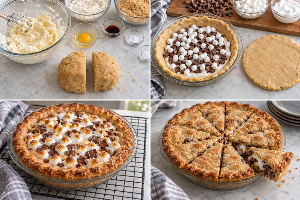 Four chronological preparation stages for S'mores Pie