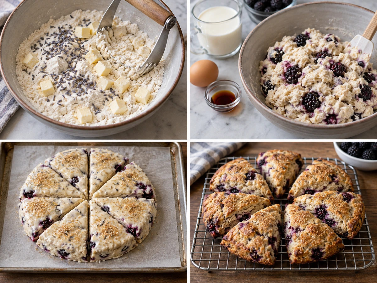 Four chronological preparation stages for Blackberry Lavender Scones