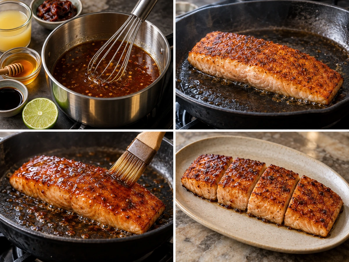 Four chronological preparation stages for Pineapple Chipotle Salmon