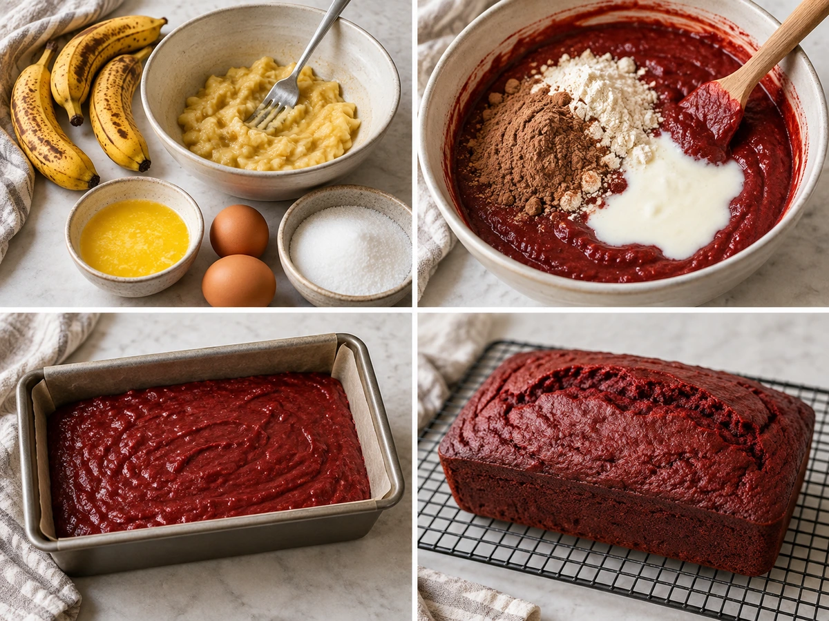 Four chronological preparation stages for Red Velvet Banana Bread
