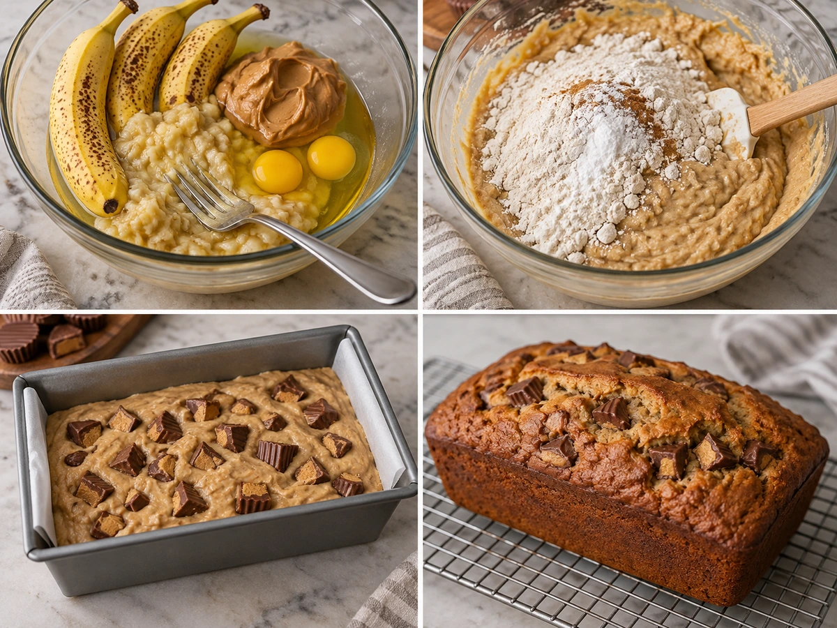 Four chronological preparation stages for Reeses Peanut Butter Banana Bread