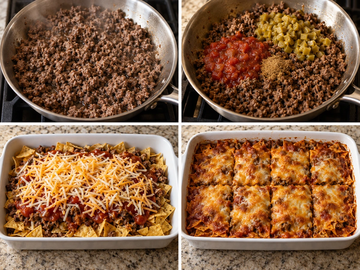 Four chronological preparation stages for Tortilla Chip Enchiladas