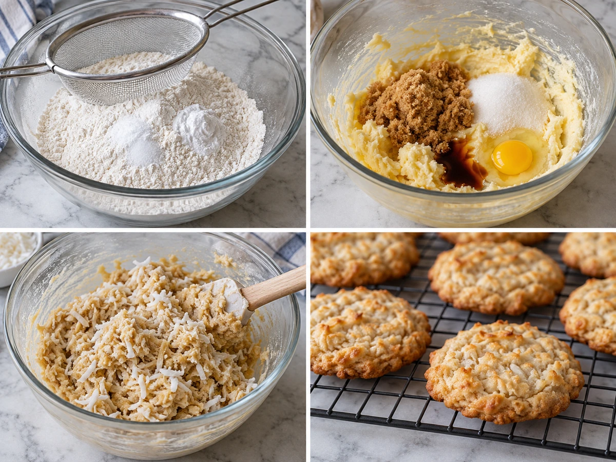 Four chronological preparation stages for Chewy Coconut Cookies