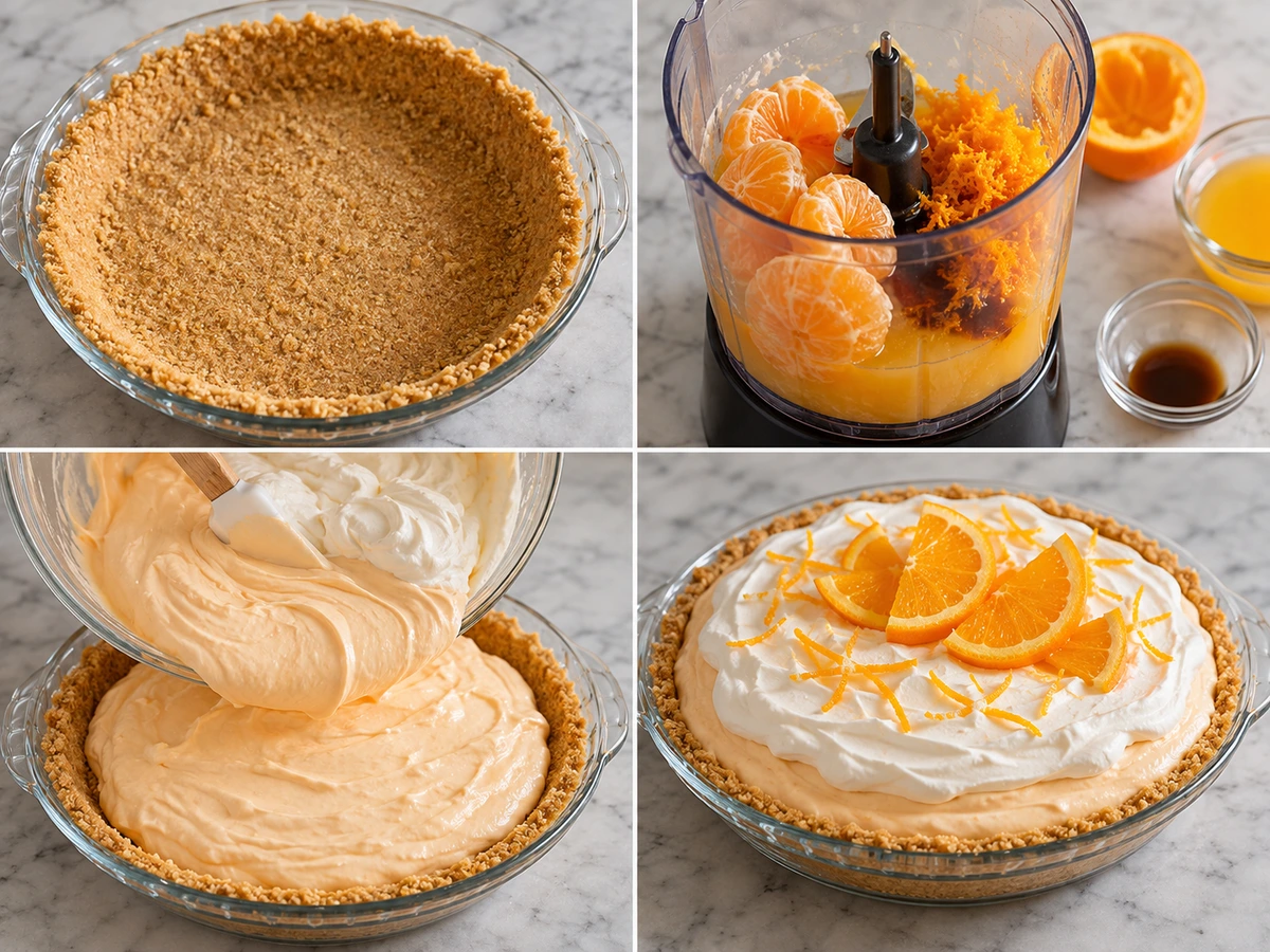 Four chronological preparation stages for Jello Creamsicle Pie
