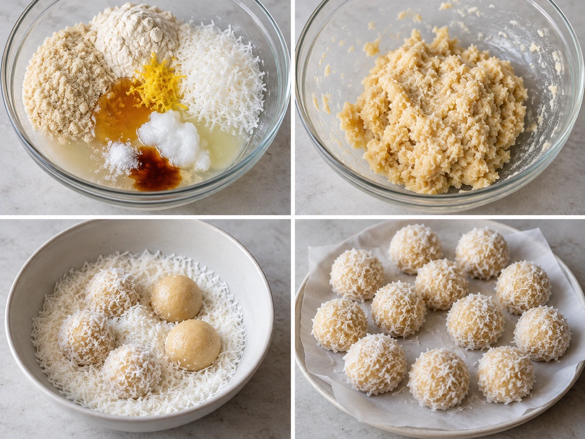 Four chronological preparation stages for Lemon Coconut Protein Balls