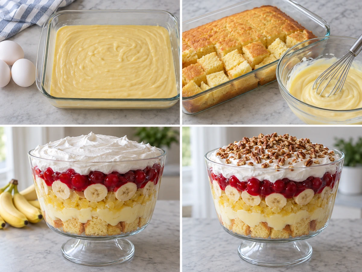 Four chronological preparation stages for Punch Bowl Cake