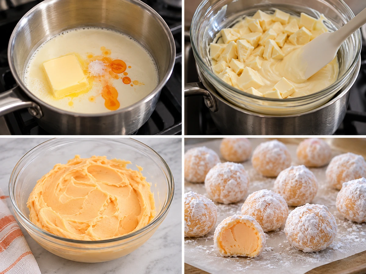 Four chronological preparation stages for White Chocolate Orange Creamsicle Truffles