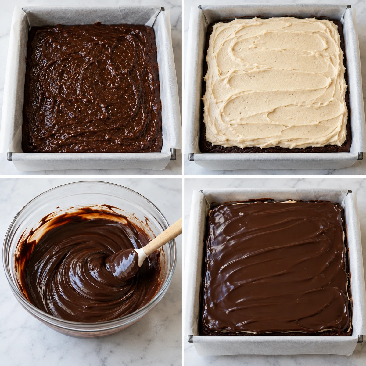 Four chronological preparation stages for Baileys Brownies