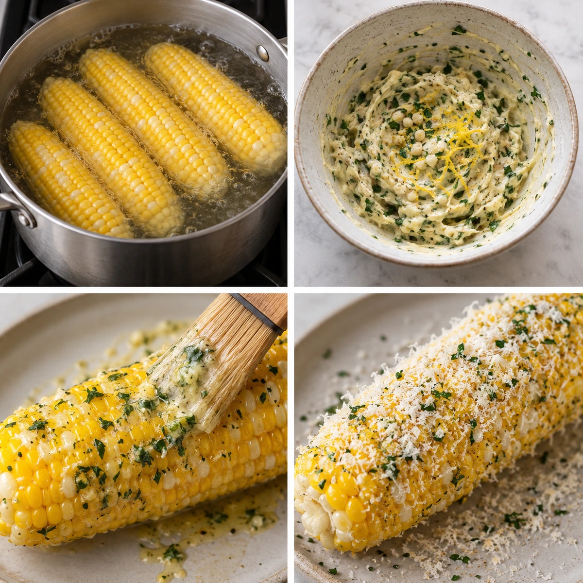 Four chronological preparation stages for Cheesy Garlic Butter Corn on the Cob