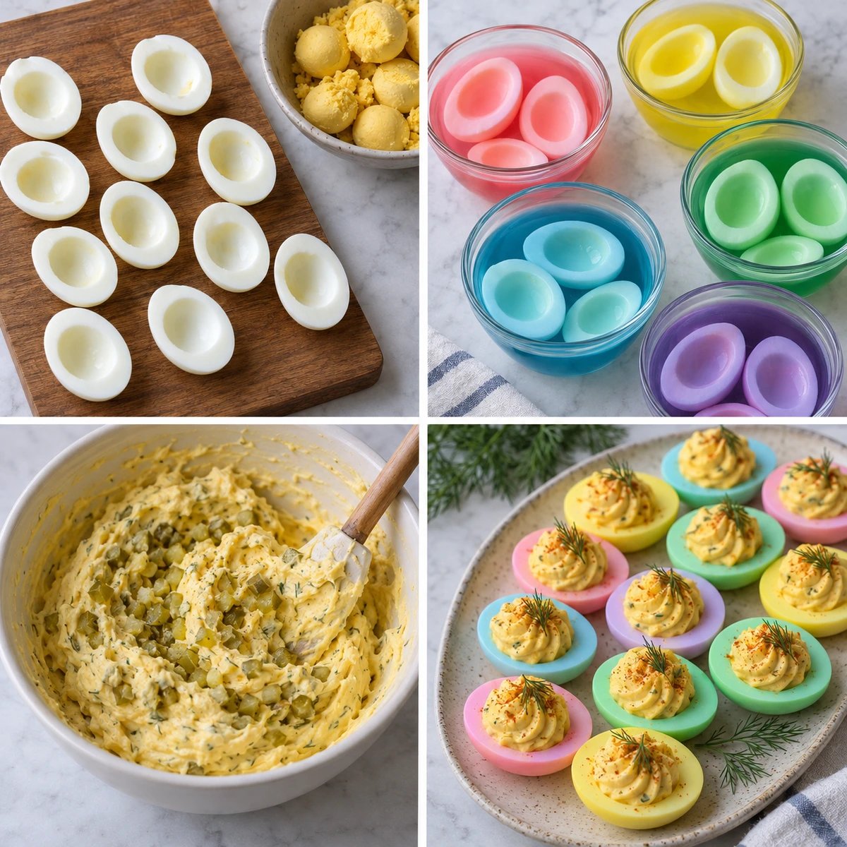 Four chronological preparation stages for Colored Deviled Eggs
