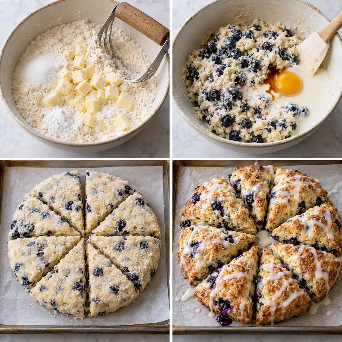Four chronological preparation stages for Blueberry Scones