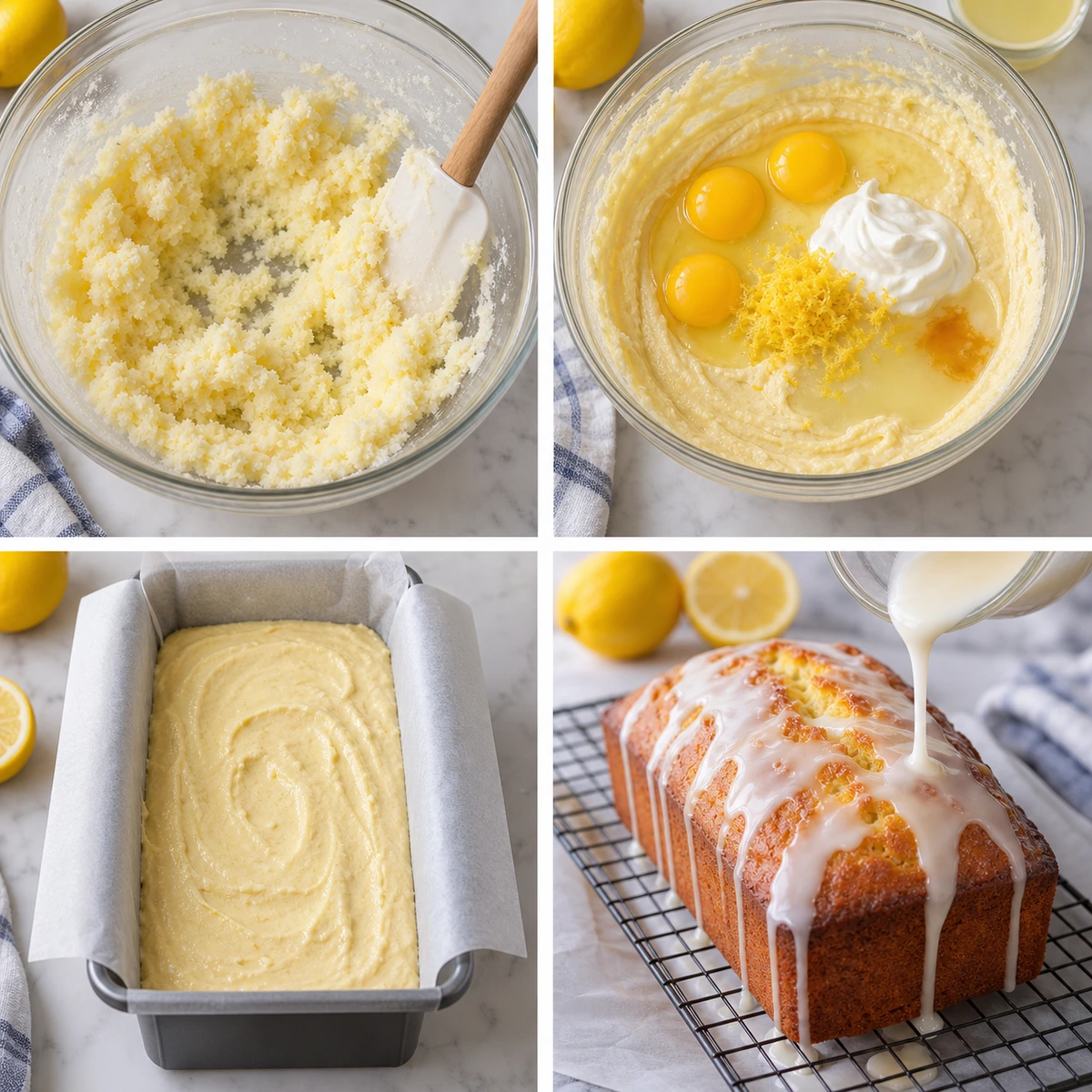 Four chronological preparation stages for Lemon Loaf