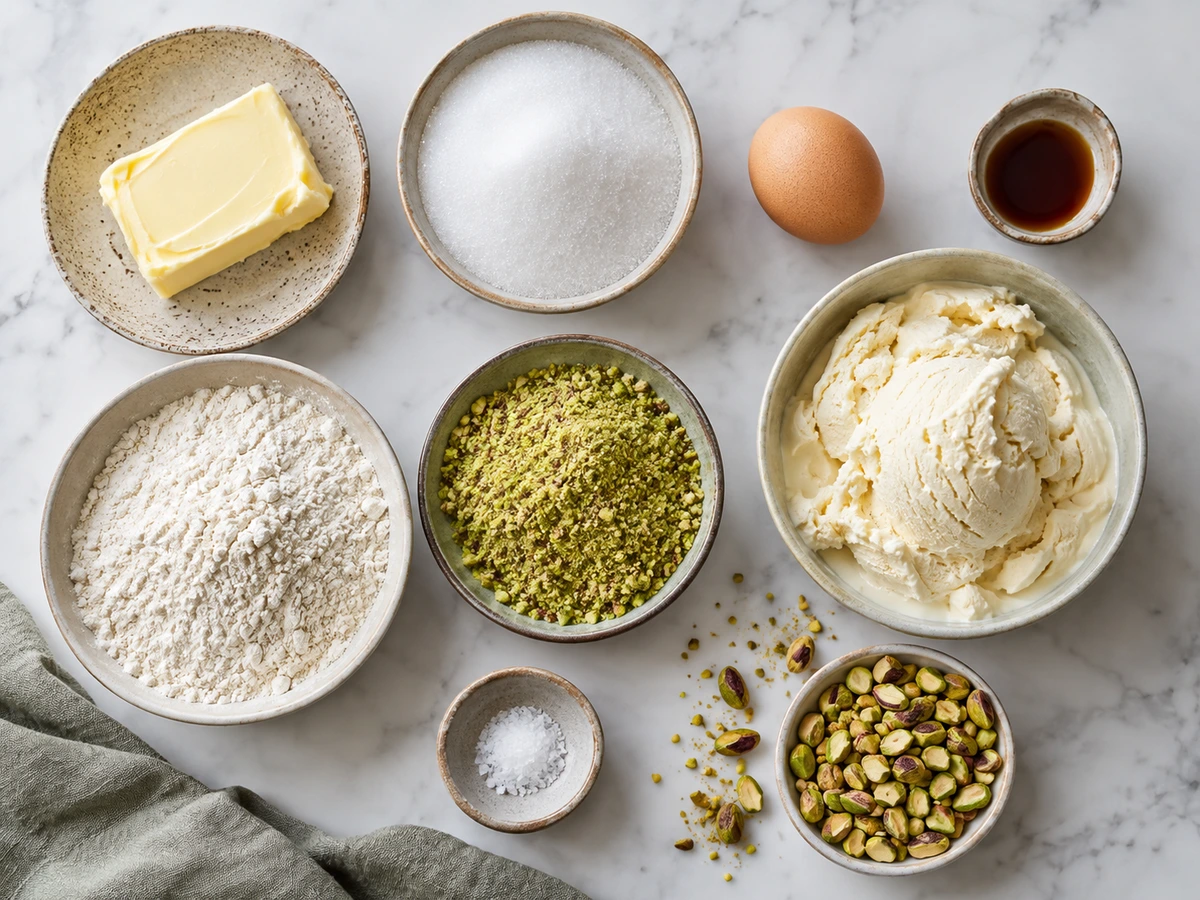 Exact measured ingredients for Pistachio Cookie Ice Cream Sandwiches