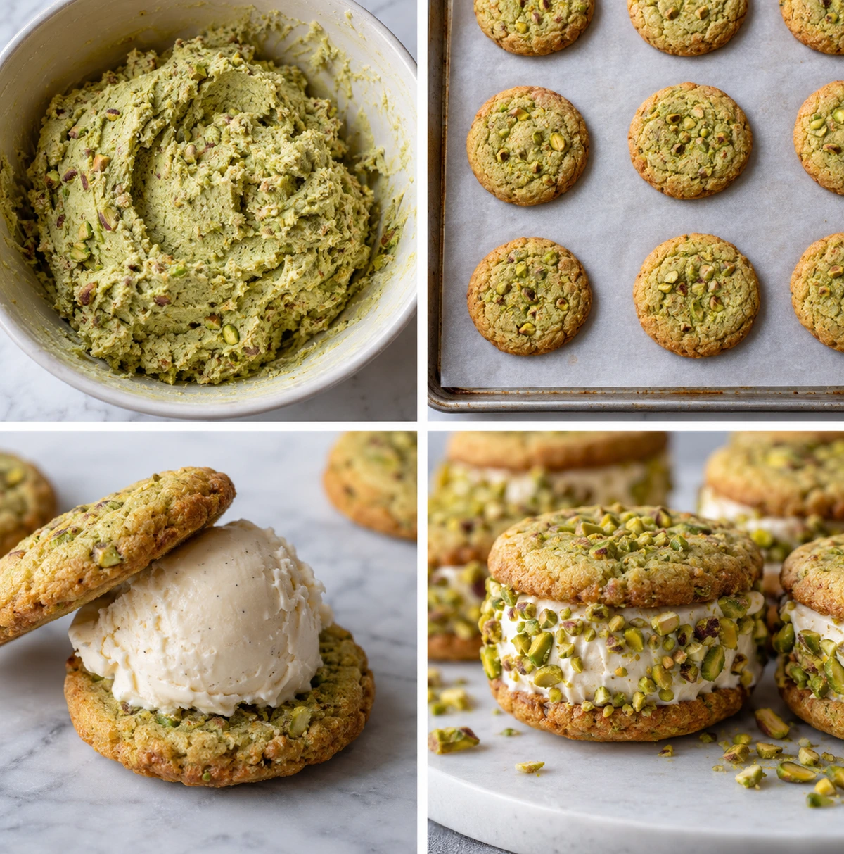 Four chronological preparation stages for Pistachio Cookie Ice Cream Sandwiches