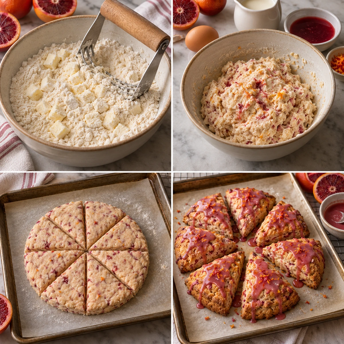Four chronological preparation stages for Blood Orange Scones