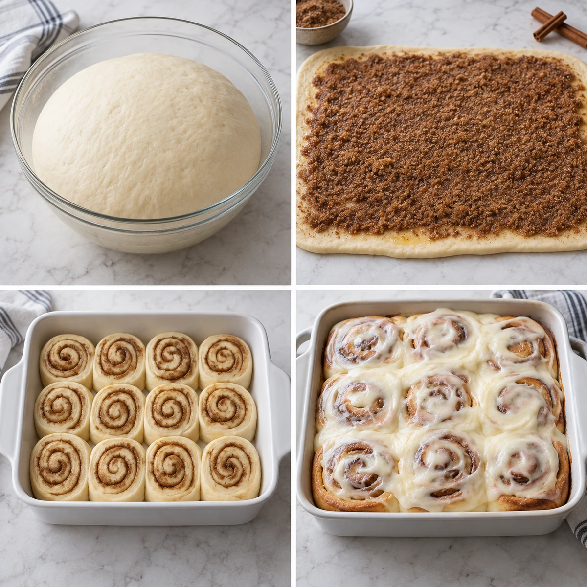 Four chronological preparation stages for Cinnamon Rolls
