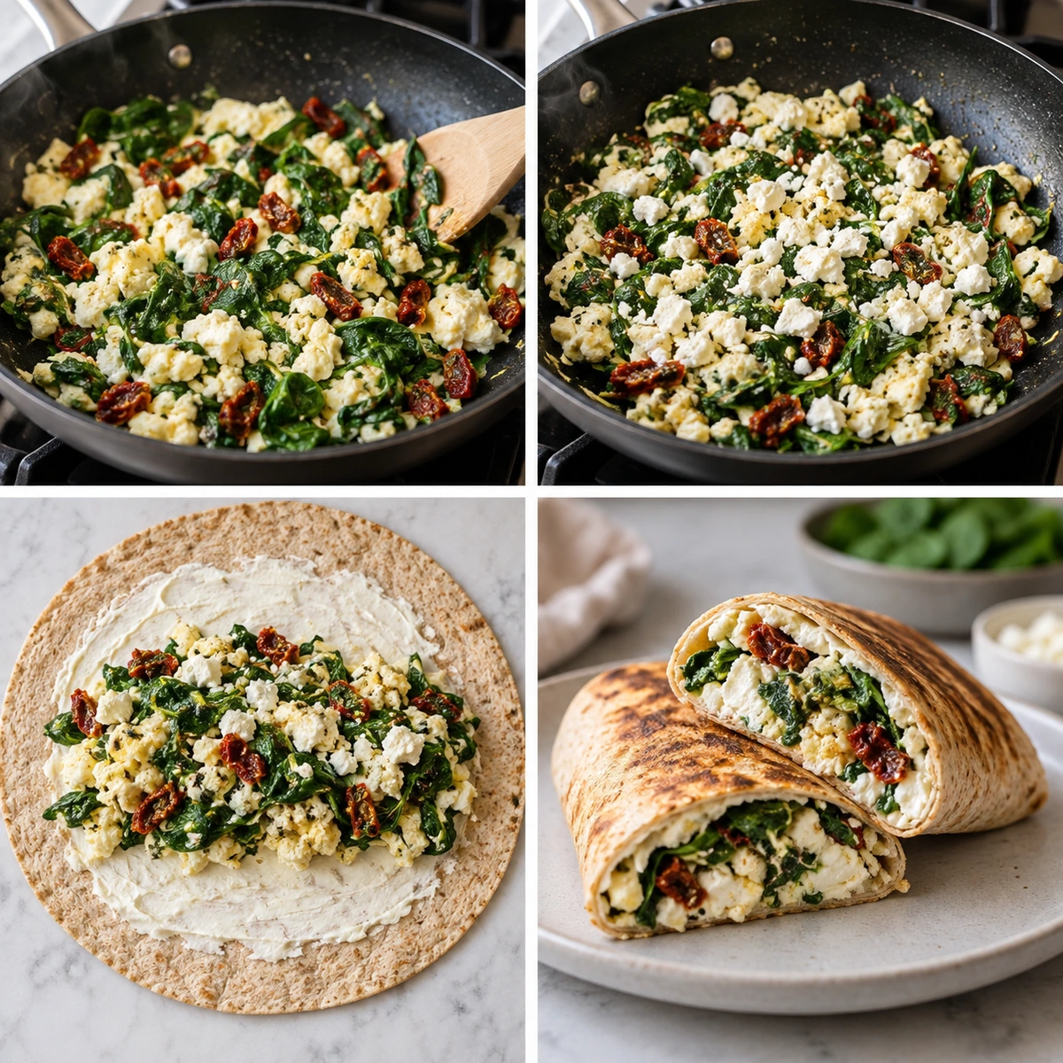 Four chronological preparation stages for Copycat Starbucks Spinach, Egg White and Feta Wrap