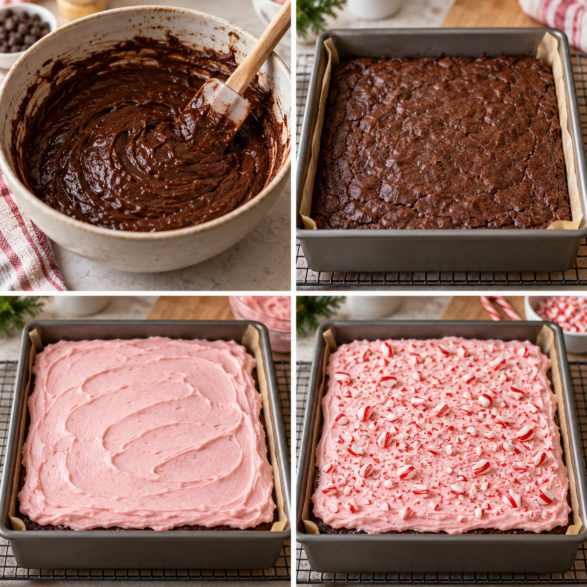 Four chronological preparation stages for Peppermint Brownies