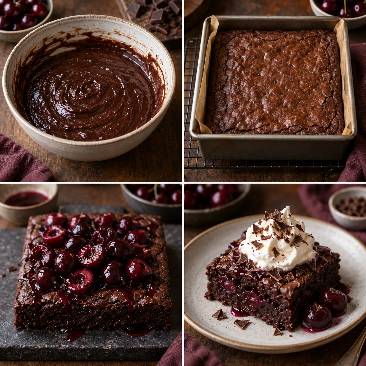 Four chronological preparation stages for Small-Batch Black Forest Brownies