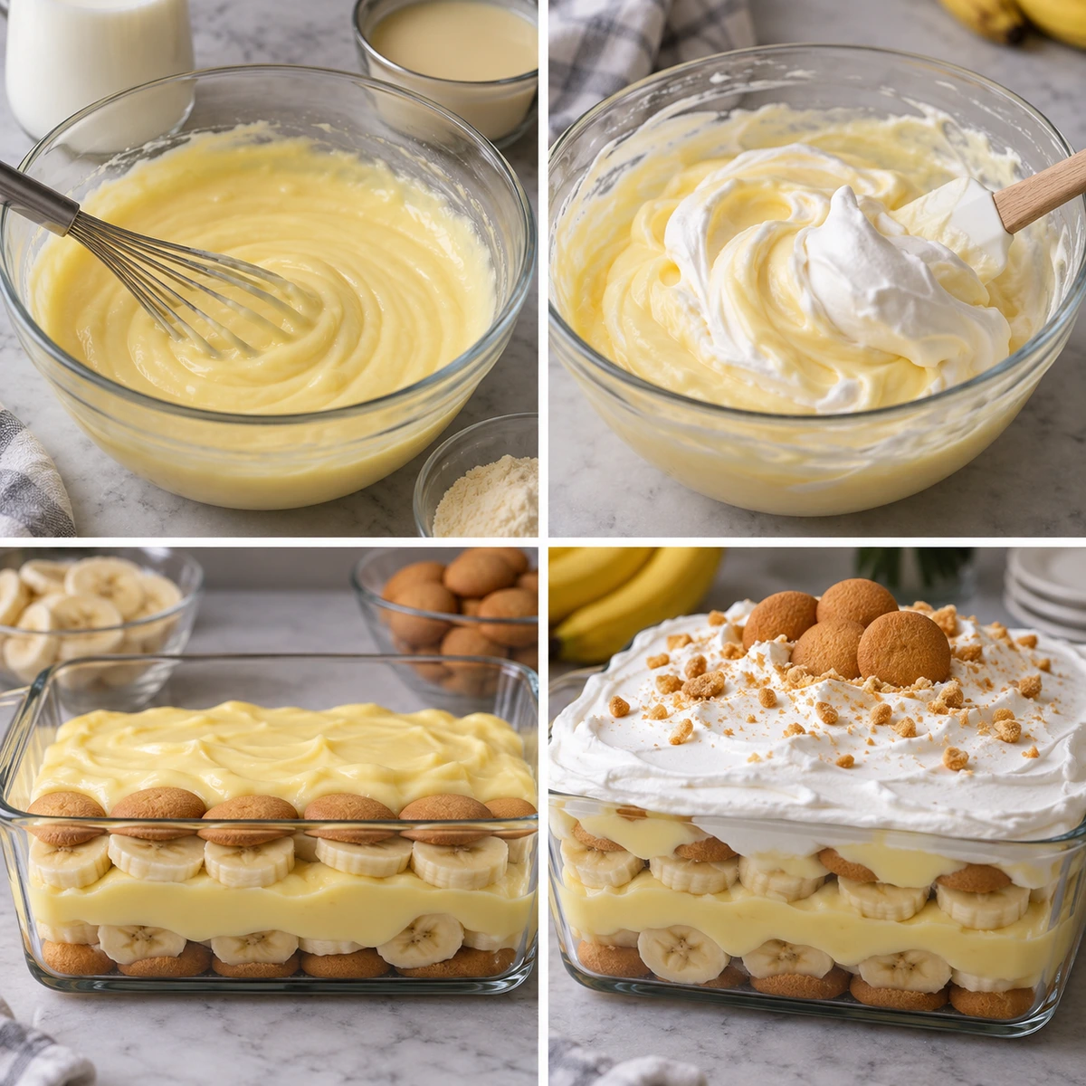 Four chronological preparation stages for Banana Pudding