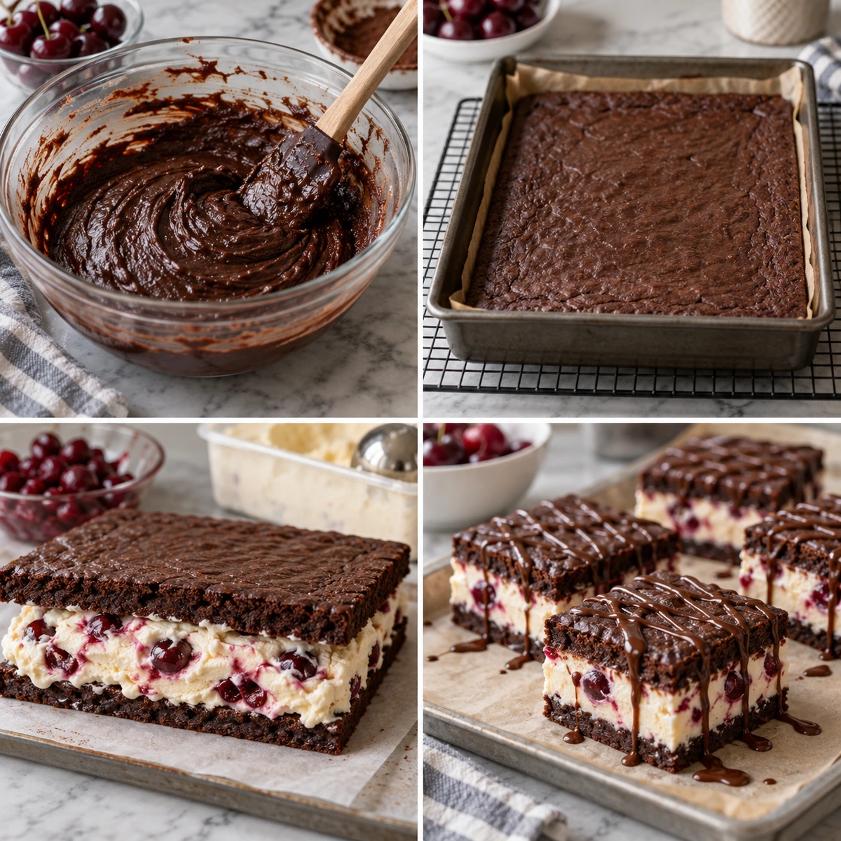 Four chronological preparation stages for Cherry Brownie Ice Cream Sandwiches