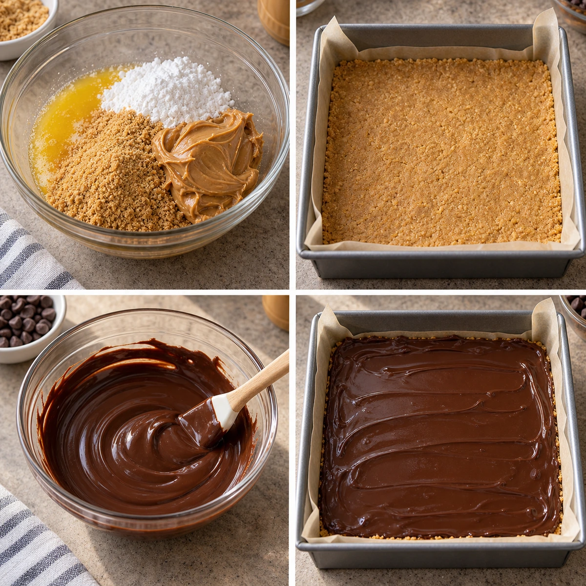 Four chronological preparation stages for Chocolate Peanut Butter Bars
