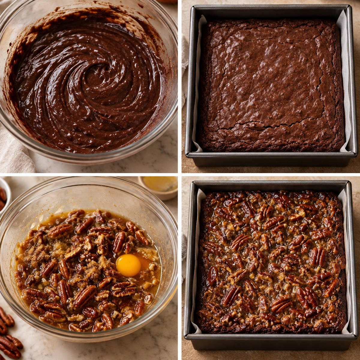 Four chronological preparation stages for Pecan Pie Brownies