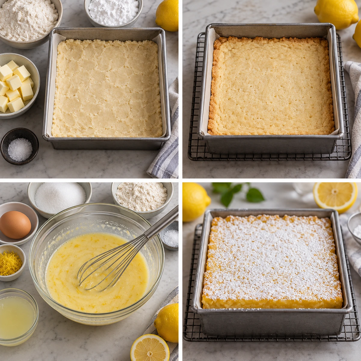 Four chronological preparation stages for Small Batch Lemon Bars
